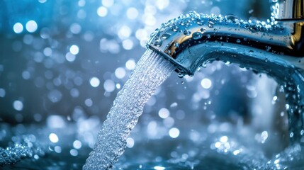 A close-up of a chrome faucet with water flowing from the spout. Water droplets are visible on the faucet.