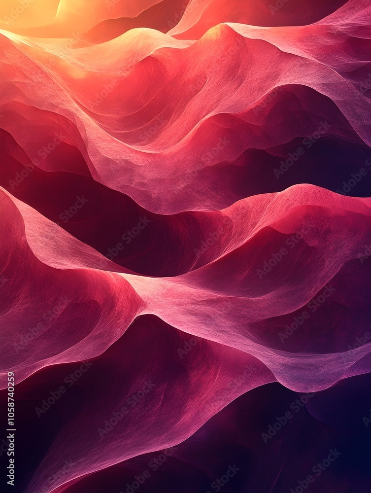 Poster an abstract landscape of flowing waves, with gradients of red and violet hues creating a sense of de