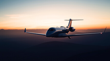 Private jet flying at sunset with mountains in the background under a clear sky. The silhouette of...