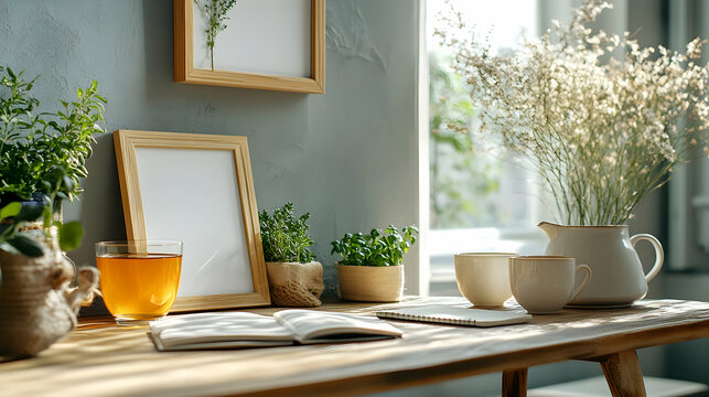 Cozy Photo of a Home Office Desk with Tea and Plants