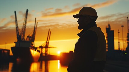 Silhouette of a worker in a hard hat and vest standing at the docks, watching the sunset.