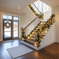 Elegant Christmas Decorated Staircase with Garland and Lights in Cozy Home Interior