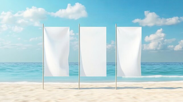 Realistic 3D vector mockups of a banner stand and beach flags. Blank canvas in the shapes of a teardrop, feather, and white rectangle for displaying branding messages and identity in an outdoor seasi