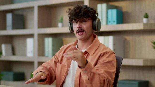 Caucasian man dancer positive happy guy male businessman funny office employee business worker designer student dancing fun relax party dance move hands listen music in headphones audio song earphones