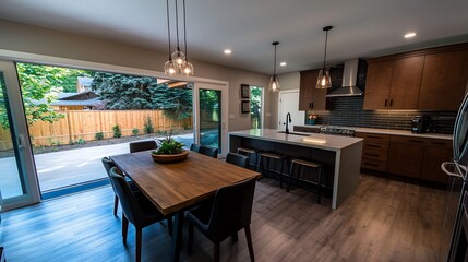 Modern kitchen with dining table and patio door leading to backyard.
