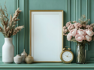 Green Interior Illustration with Gold Frame Mockup and Flowers
