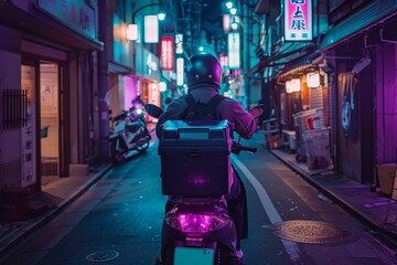 Naklejka premium Food delivery driver driving delivery to customers who ordered online at night. Neural network ai generated art