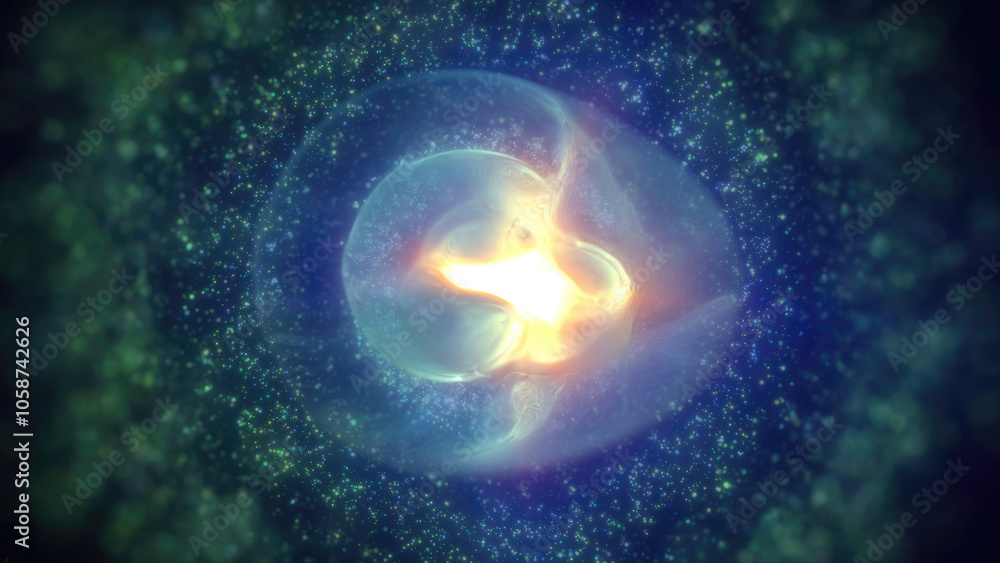 Poster a glowing green nebula sphere with a white core, surrounded by sparkling particles, creating a sense