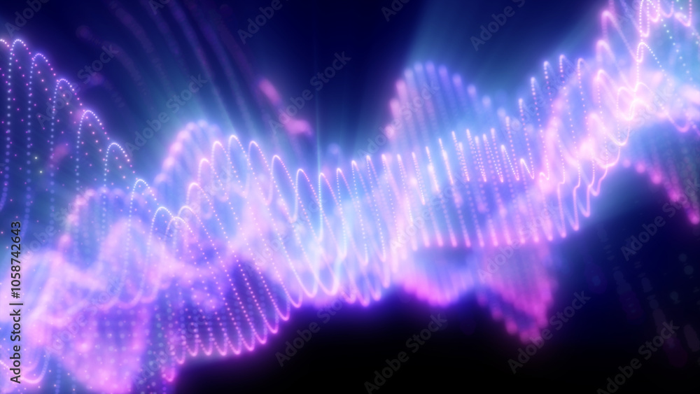 Poster vibrant pink and purple light waves pulse across a dark background, creating a futuristic and dynami