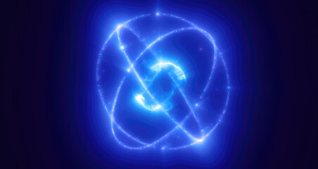 A glowing blue sphere surrounded by vibrant, swirling particles and energy waves, set against a deep, starry futuristic technology space and energy concepts backdrop