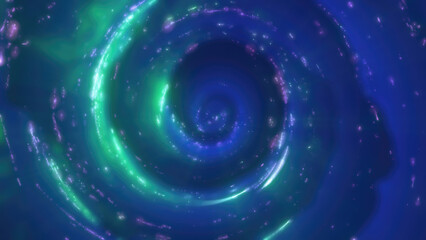 Glowing green and blue spiral forming a vibrant whirlpool in deep space, suggesting cosmic energy and the mysteries of the universe