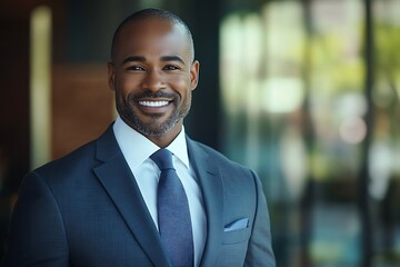 Fototapeta premium Confident Mature Businessman in Navy Blue Suit Smiling