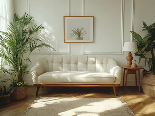 Modern Living Room Interior Photo with Sofa, Plants, and Sunlight
