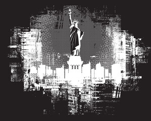 Vector banner or card with the famous American Statue of Liberty on the background of silhouettes skyscrapers and inscription of New York. Decorative illustration of US landmark in grunge style