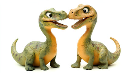 Naklejka premium discover the adorable toy model Dinosaur , Fun Dinosaur green and light brown very happy with smiley face , Cartoon Dinosaur pointing on white background 
