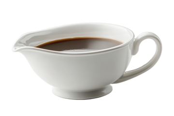 Thick and Rich Gravy in White Gravy Boat Isolated on White Background