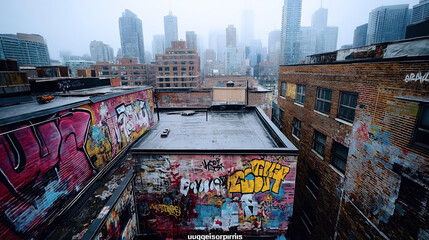 Urban rooftop view with brick buildings covered in colorful graffiti art, overlooking a foggy city skyline with modern skyscrapers in the background.