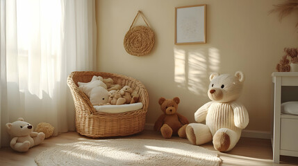 Photo of Cozy Nursery Interior with Teddy Bears and Wicker Chair