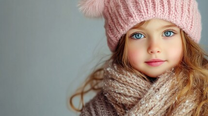 A cute young girl in a hat and winter outfit with attractive makeup captivates with her charming look. This image highlights the cute young girl while offering ample space for text.