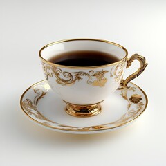 Elegant Porcelain Cup With Gold Detailing Filled With Rich Black Coffee on a White Surface in Soft Lighting