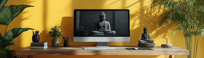 Zen Illustration - Peaceful Workspace with Buddha Statue and Yellow Background