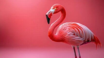 Fototapeta premium flamingo stands gracefully on a vibrant pink background, showcasing its unique features and vivid colors, embodying a sense of playfulness and tropical vibes in a minimalist composition
