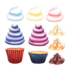 Meringue, marshmallow, muffins. Cupcake making kit. Hand drawn watercolor isolated illustration. For design, decor, cards, invitations. From the St. Valentine's Day collection