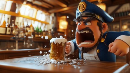 A cartoon man is holding a mug of beer and is angry