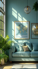 Modern Living Room Interior Illustration with World Map Decor