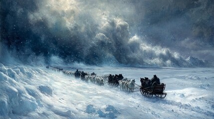 A group of people are riding in a sled through the snow