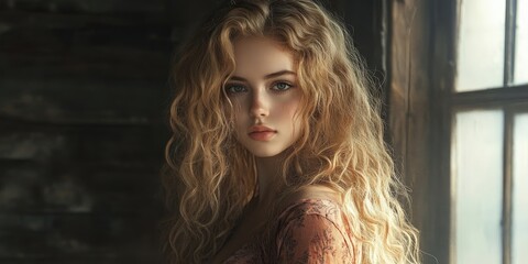 Fototapeta premium A lovely young woman with long, curly blonde hair is seen in an indoor environment. Her beauty is evident as she stands in this interior space.