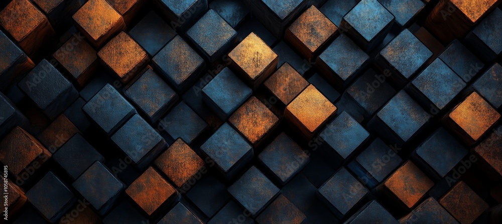 Poster geometric pattern of 3d copper and dark metallic cubes, abstract architectural background texture