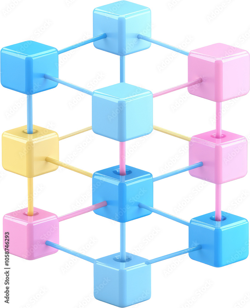 Poster colorful 3d cubes connected in a network, isolated on transparent background