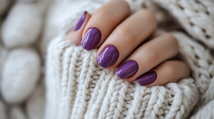 A hand adorned with purple nail polish complemented by a cozy white sweater