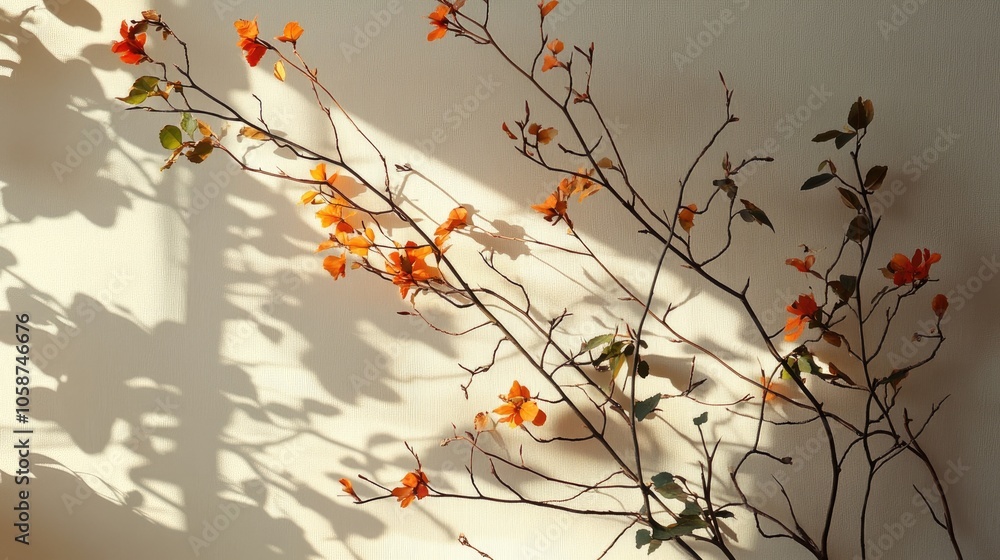Poster arrange twigs leaves and flowers on a light backdrop using side lighting to cast elongated shadows f