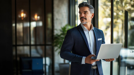 Fototapeta premium Executive businessman in formal attire holding a laptop, gazing thoughtfully out of an office window, symbolizing leadership and strategic vision in the corporate world.