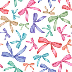 Ribbon bows colored. Hand drawn watercolor illustration. Seamless pattern on white background. For design, decor, cards, textiles, paper. From the collection for St. Valentine's Day