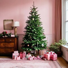 This captivating photo showcases a festive Christmas tree in a warm and inviting living room. 