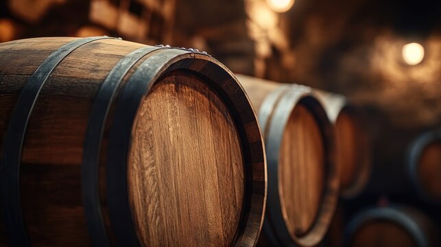 Vintage wooden barrels in a blurred dark wine cellar background featuring old oak casks stored for winemaking A representation of vineyard and viticulture production