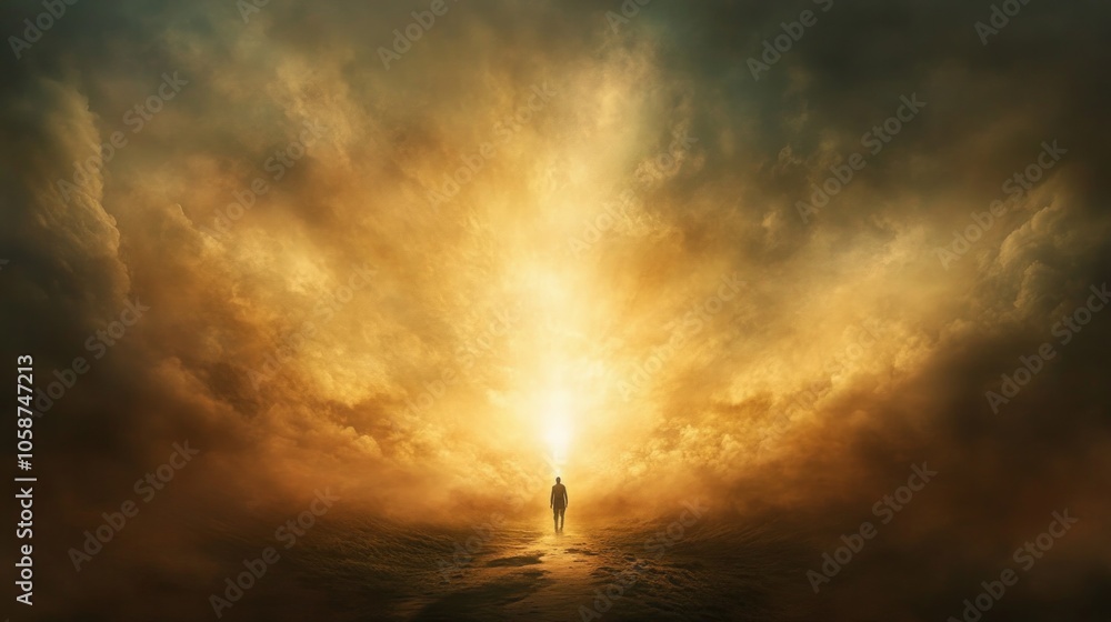 Poster a person is walking in a field with a bright light in the background