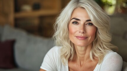 Fototapeta premium Portrait of a beautiful mature woman at home, exuding grace and confidence. This beautiful mature woman radiates warmth and charm, perfect for various themes. Photo style with copy space.