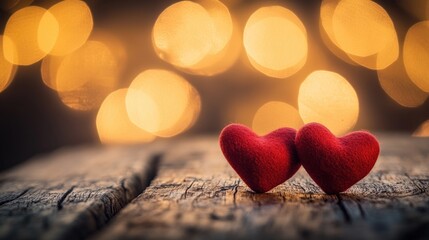 Two red hearts resting on a wooden surface with a bokeh backdrop embodying a romantic theme