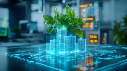 Illustration - Green Building Technology, Sustainable City Design with Hologram