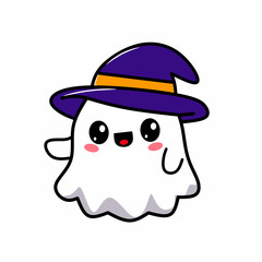 Fototapeta premium little ghost wearing witch hat vector illustration.