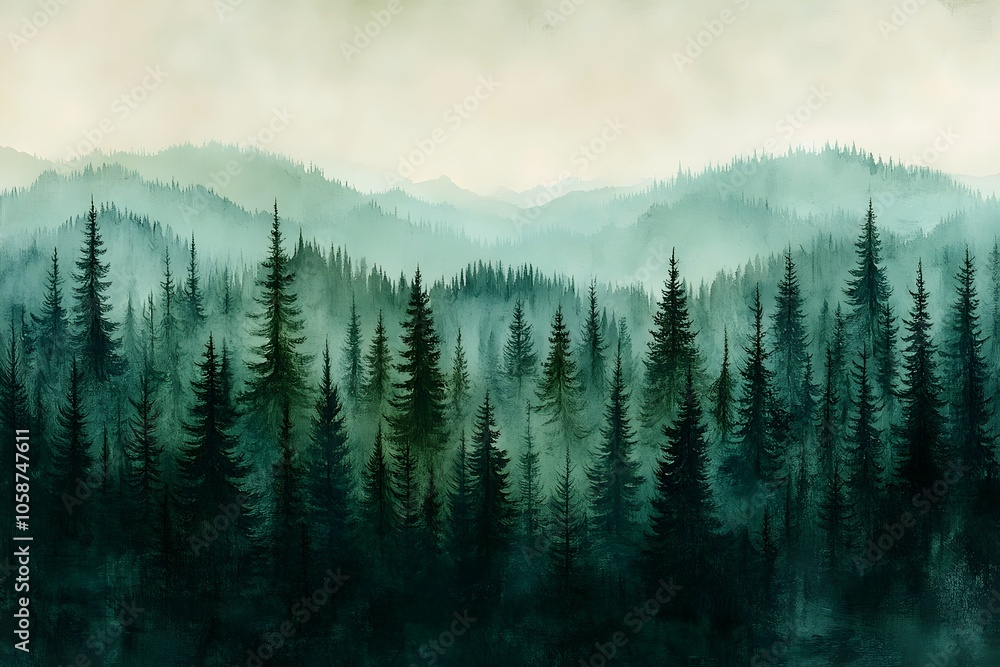 Poster a serene view of a misty evergreen forest, showcasing tall conifer trees silhouetted against a soft 