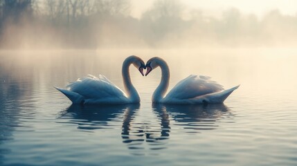 Fototapeta premium Two elegant swans on a lake form a heart shape with their long necks as they gently kiss creating a romantic scene ideal for postcards or desktop wallpapers 16 9 4k