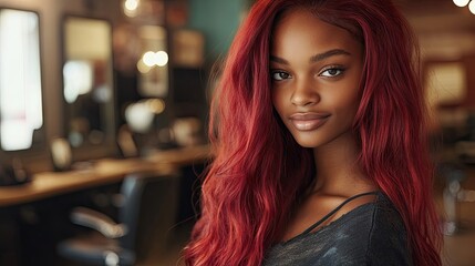 Fototapeta premium Beautiful young African American model with long red hair in a beauty salon, emphasizing hairstyles and haircuts, capturing the essence of creativity with ample copy space.