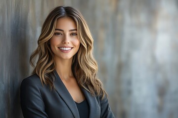 Fototapeta premium Confident Woman in Grey Suit, Smiling with Determination
