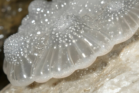 Photo of Translucent White Flowstone Formation with Sparkling Water Droplets