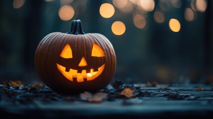 Halloween jack o lantern on a wooden surface with a bokeh effect